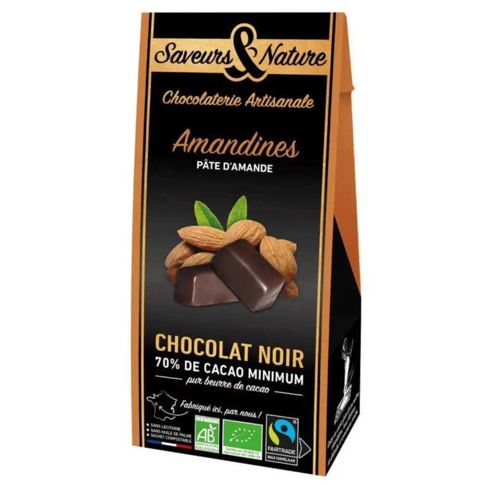 Amandines au chocolat et à la pâte d’amande en ballotin de 125 g