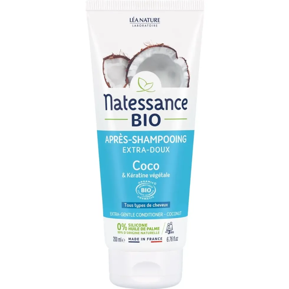 Après-shampooing extra-doux coco bio et kératine végétale Natessance - 200 ml
