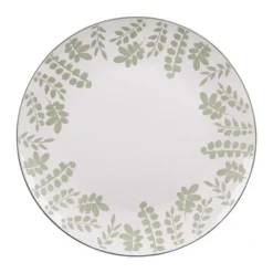 Assiette plate en porcelaine blanche avec motifs printaniers verts Episia - Ø 27 cm