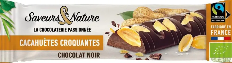 Barre chocolat noir incrustée cacahuètes sel bio Saveur et Nature - 30 g