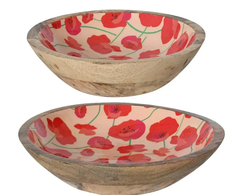 Bol décoratif à motif de coquelicots en bois de manguier rouge T1 - Ø 30 x H 6,5 cm