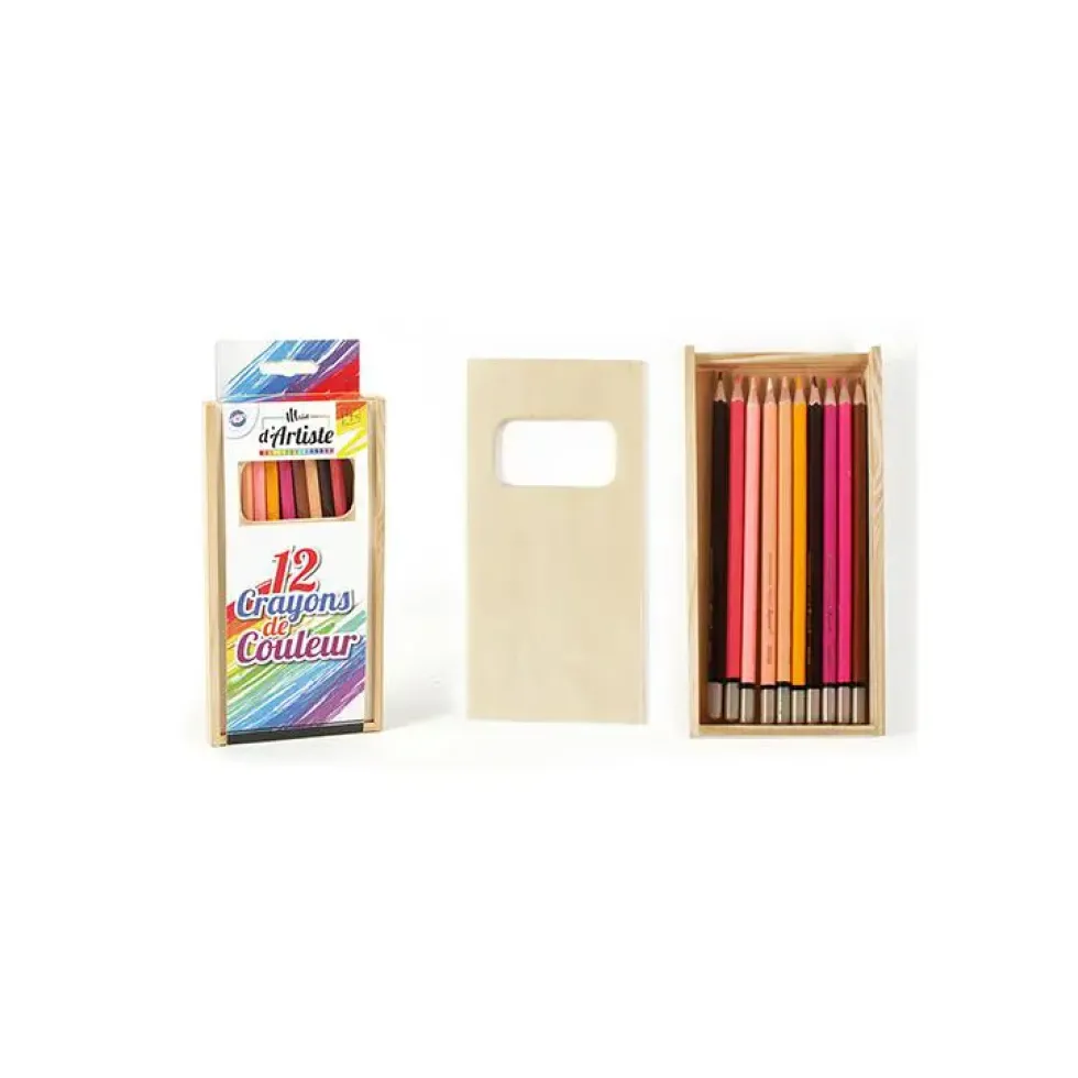 Boîte en bois de 12 crayons de couleur 19x10,5x2 cm