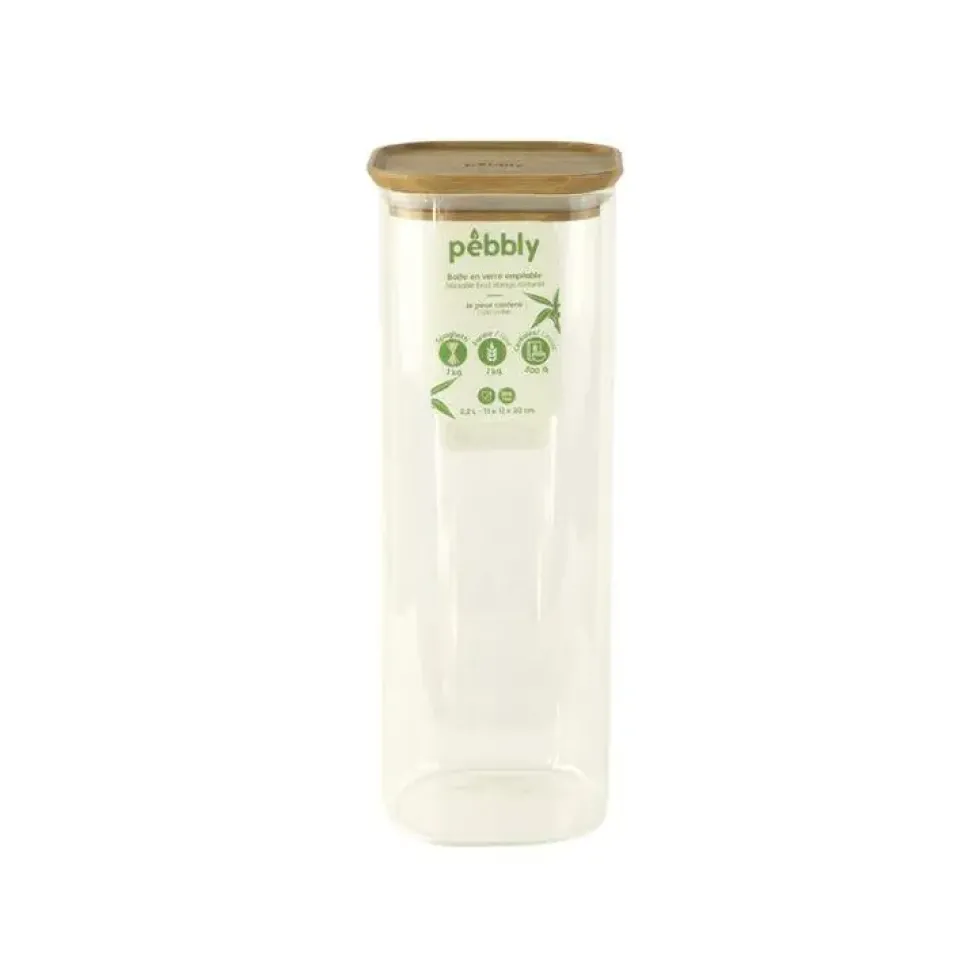 Boîte en verre empilable 2200 ml avec couvercle en bambou 11x11x30 cm