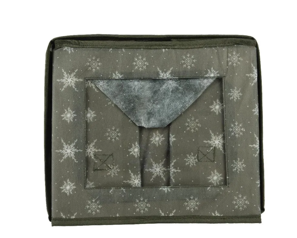 Boîte pour rangement de boules en polyester vert avec flocons blancs taille L - 32 x 26,5 x 26,5 cm