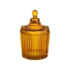 Boîte ronde décorative en verre fumé ocre strié - Ø 9,5 x H 15 cm