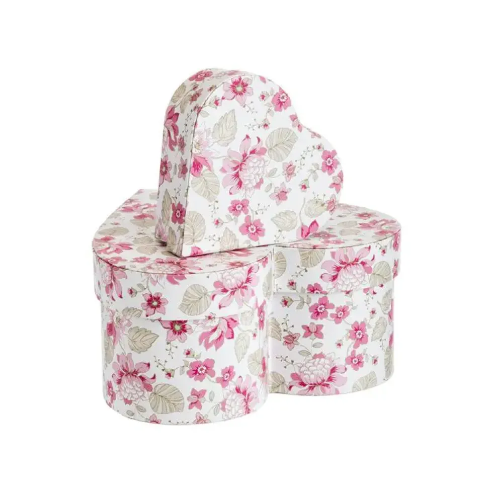 Boîtes forme cœur en papier à décor floral rose et gris - les 2 boîtes