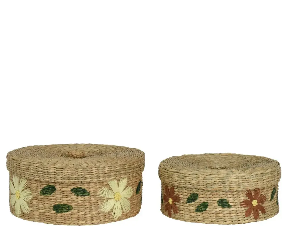 Boîte tressée en algue avec fleurs brodées jaunes grand modèle - Ø 27 x H 11 cm