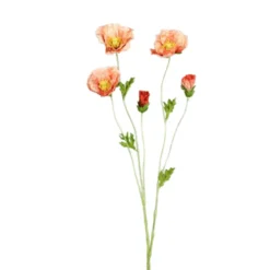 Branche de pavot artificiel pêche à 3 fleurs et 2 boutons - 65 cm