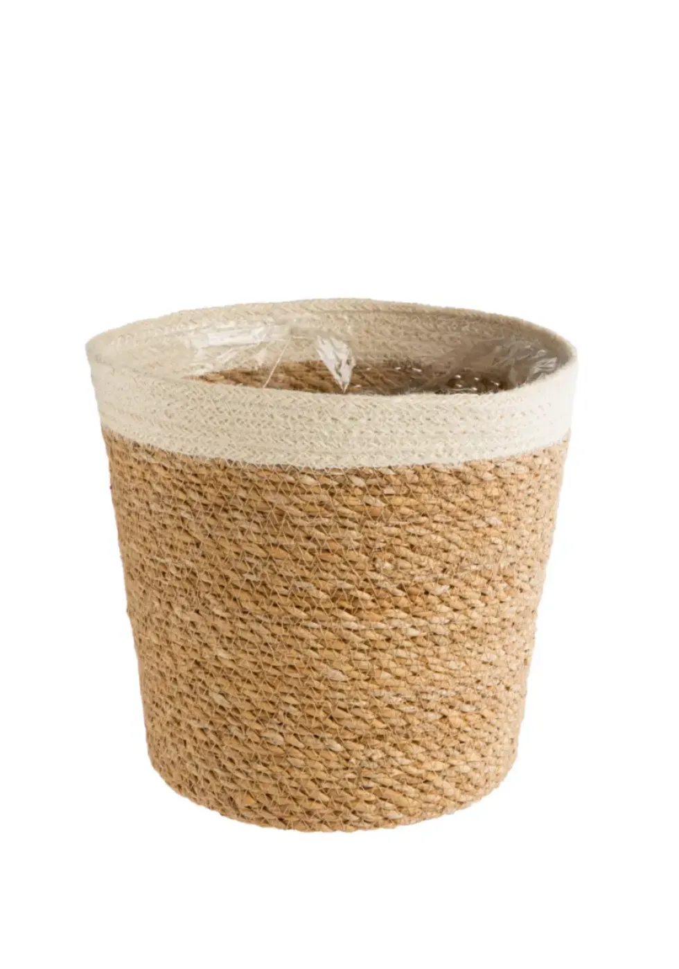 Cache-pot vannerie naturelle avec rebord blanc coloris beige - 18 x 16 x 13,5 cm
