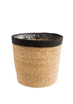 Cache-pot vannerie naturelle avec rebord noir coloris beige - 20,5 x 19,5 x 16 cm
