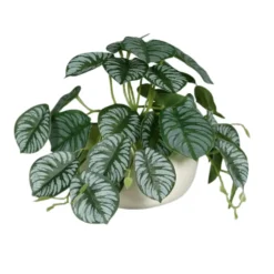 Calathéa vrille artificiel vert en pot céramique blanc - 19 cm