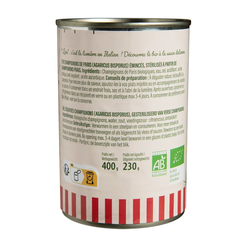 Champignons de Paris émincés bio Luce - 400 g