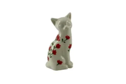 Chat debout en céramique blanche avec motifs fleurs rouges Louise - 13 x 10 x 7 cm