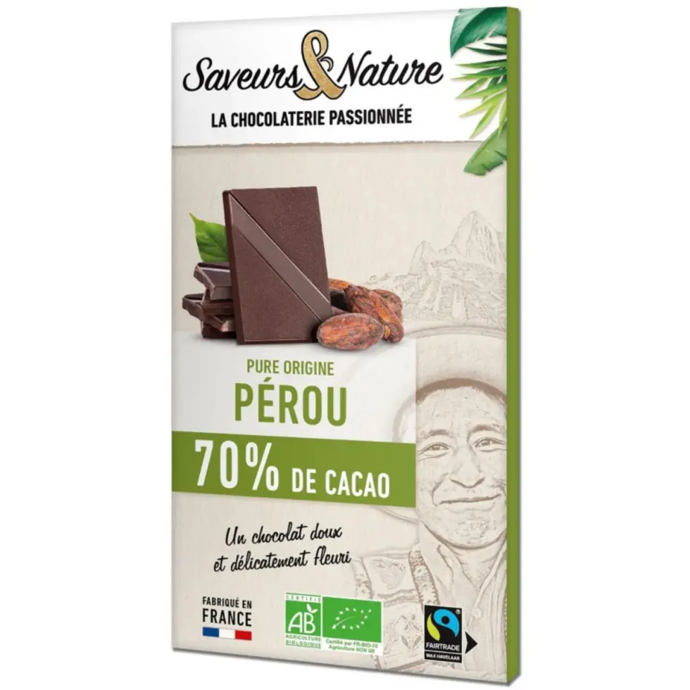 Chocolat noir 70% origine Pérou bio Saveurs et Nature - 80 g