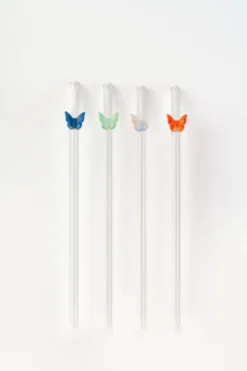 Coffret de 4 pailles en verre transparent avec papillon - Ø 0,8 x H 17 cm