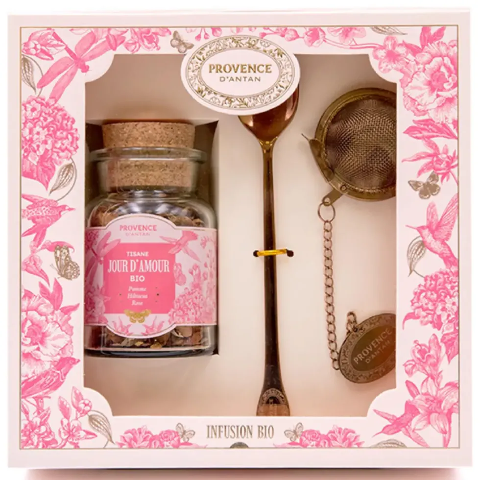 Coffret tisane jour d’amour bio avec boule à infusion et cuillère Provence d’antan - 45 g