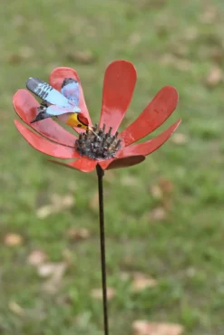 Colibri en vol sur lotus sur tuteur coloris multicolore en métal recyclé - 110 cm