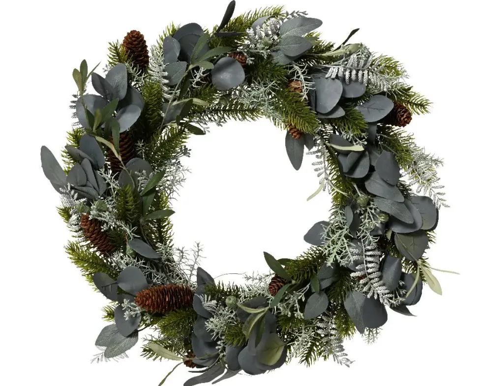 Couronne vert argent en eucalyptus et pommes de pin - Ø 40 x H 8 cm