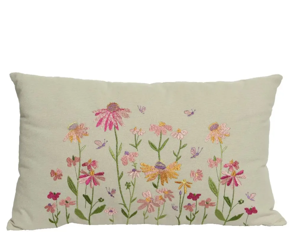 Coussin en coton blanc à fleurs brodées - 50 x 30 cm