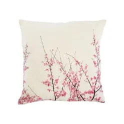 Coussin en coton et lin crème à motifs branches de cerisier rose - 45 x 45 cm