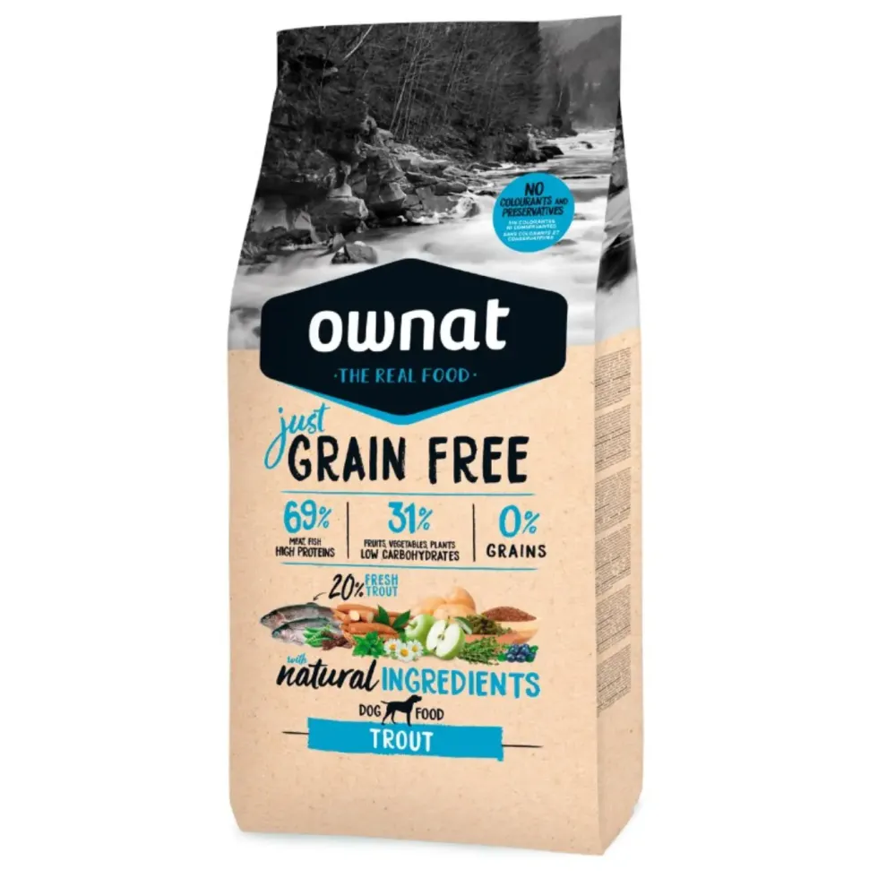 Croquette pour chien adulte Just Grain Free sans céréales à la truite Ownat - 3 kg