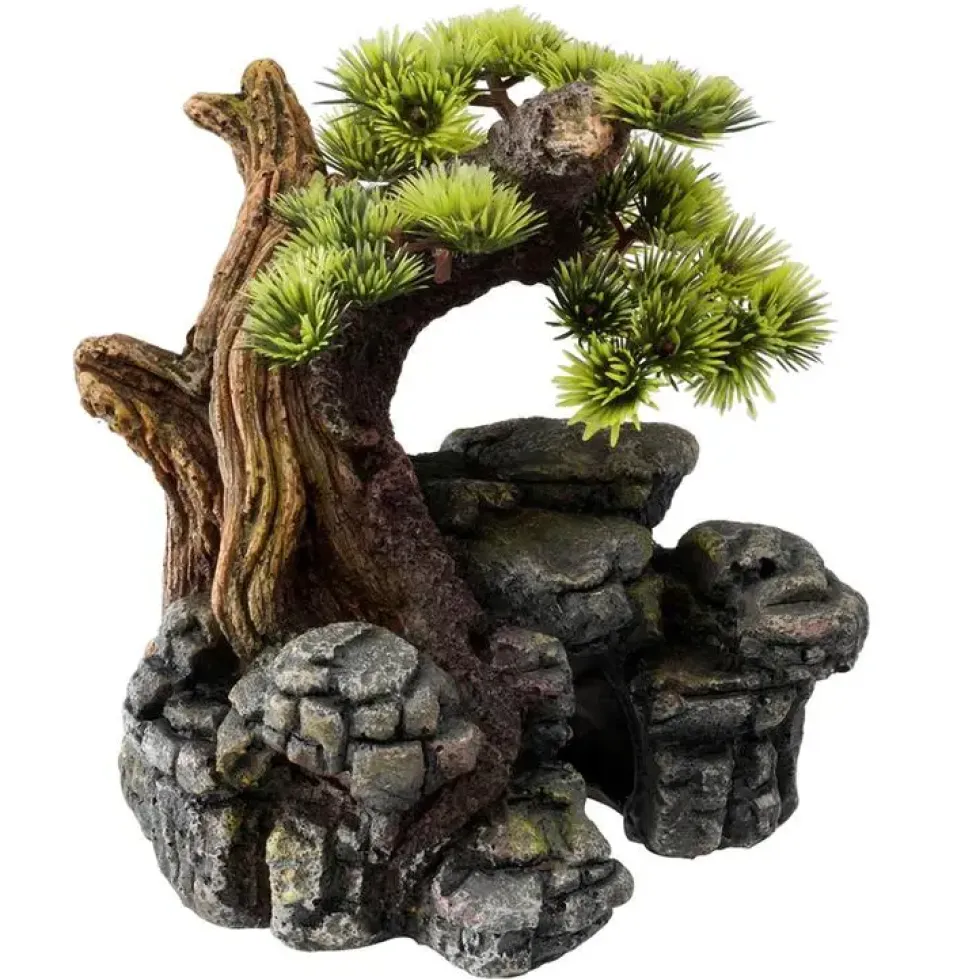 Décor d'aquarium pierre bonsai coloris vert en résine de polyester - 16,5 x 16,5 x 18 cm
