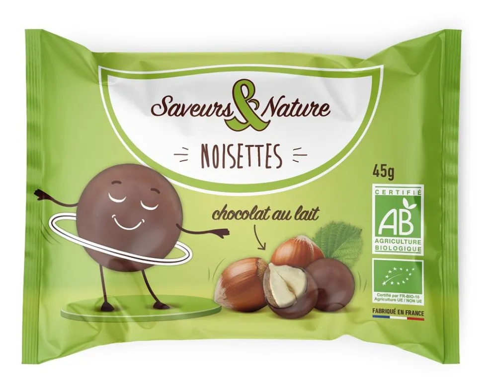 Drôles de noisettes toastées au chocolat lait bio en sachet de 45 g