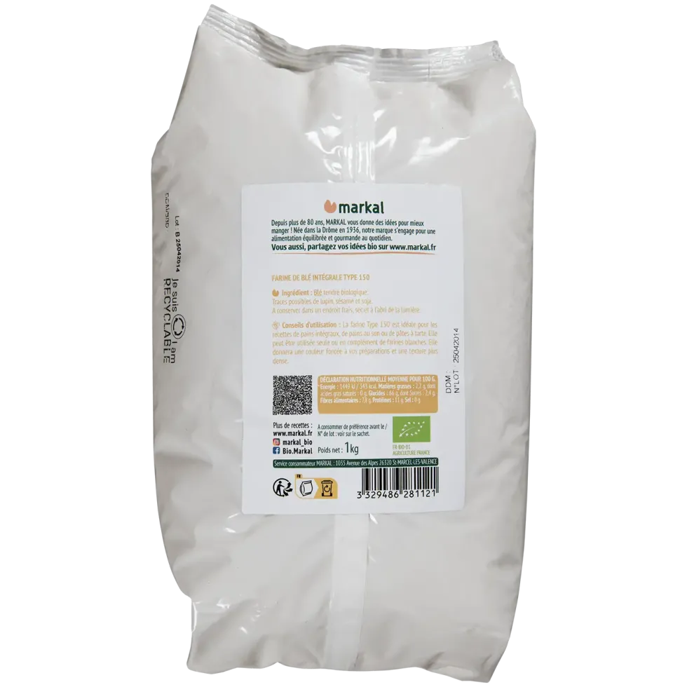 Farine de blé intégrale T150 bio en sachet de 1 kg