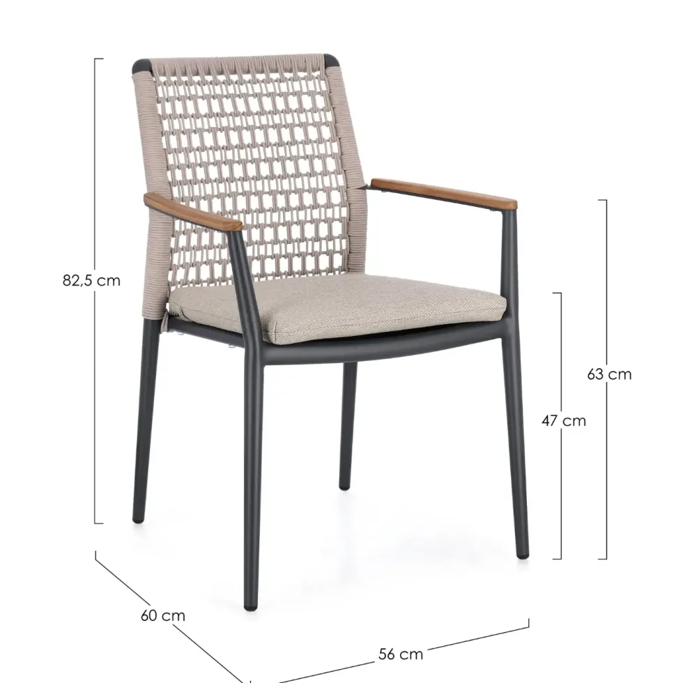 Fauteuil anthracite en aluminium, teck et corde Bizzotto Maddox - 56 x 60 x 82,5 cm