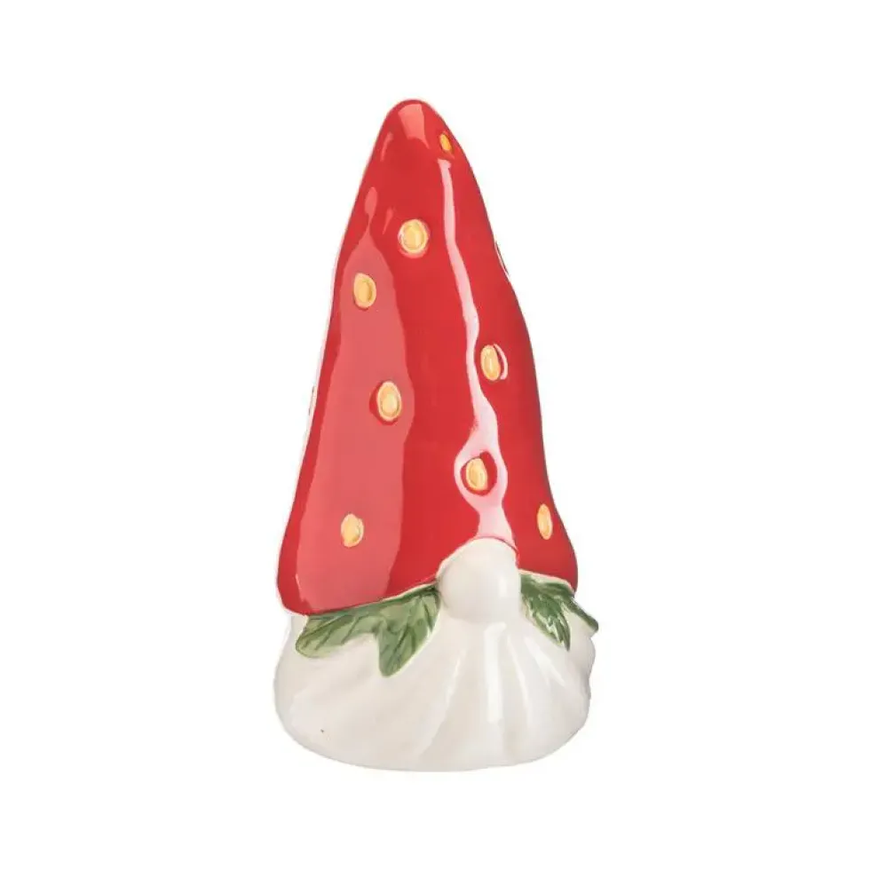 Gnome à poser en céramique à bonnet fraise rouge - 9,7 x 10 x 19 cm