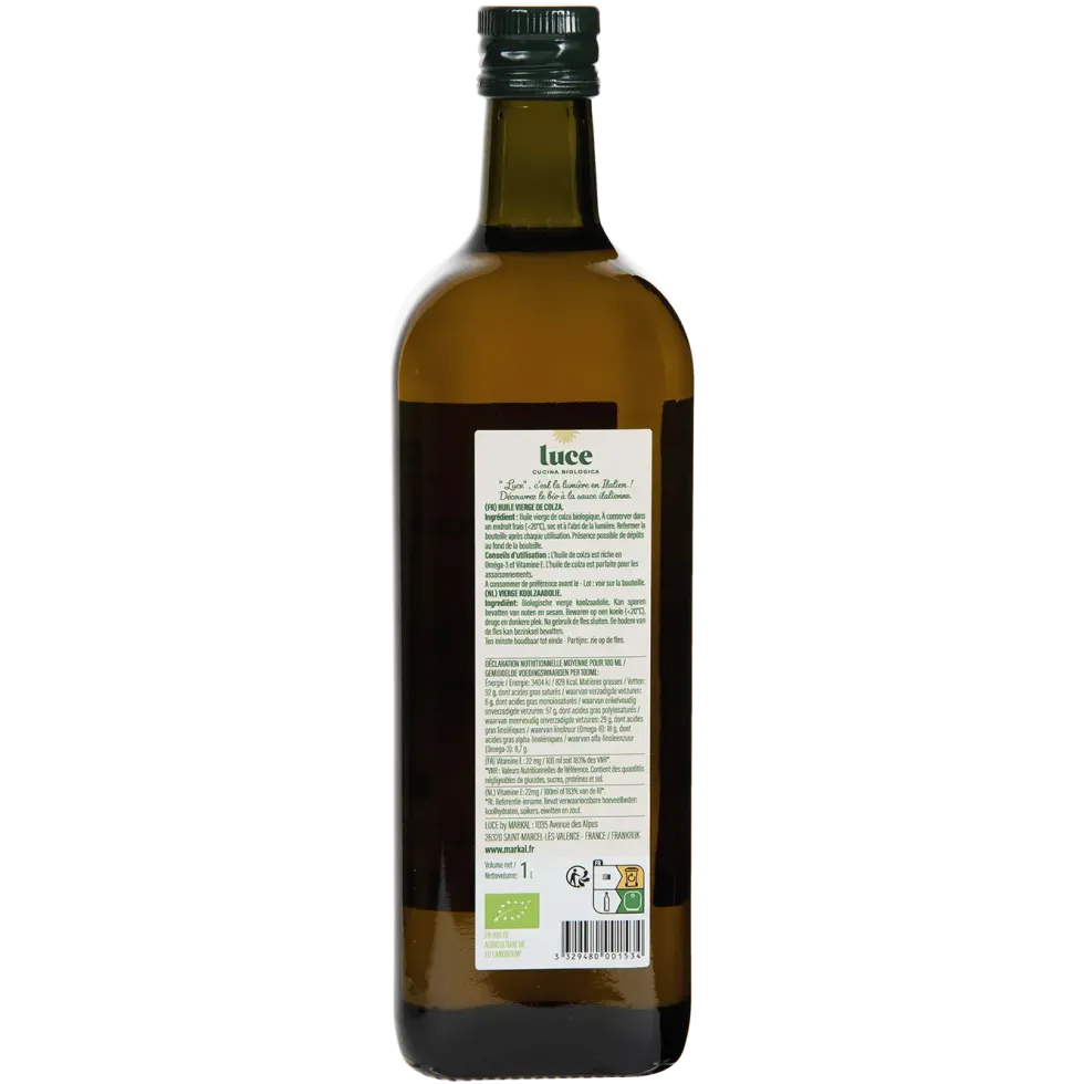 Huile de colza vierge bio en bouteille de verre Luce - 1 L