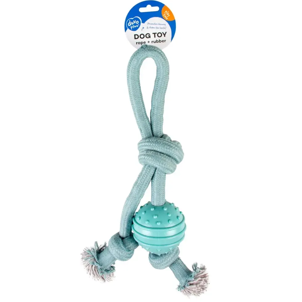 Jouet pour chien coloris bleu corde boucle avec nœud et balle caoutchouc Duvoplus - 8 x 8 x 39 cm