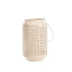 Lanterne en métal émaillé imitation cannage rose - Ø 15 x H 25 cm