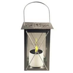Lanterne solaire carrée en métal argent à LED jaune 14,5x14,5x21 cm