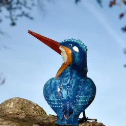 Martin pêcheur métal peint bleu position assise