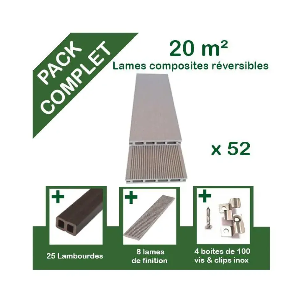 Pack complet de lattes en composite beige pour terrasse Green Outside - 20m²