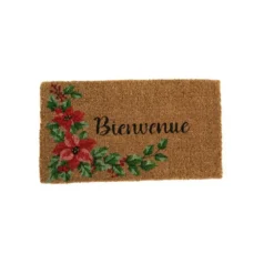 Paillasson en fibre de coco motif guirlande Poinsettia message bienvenue - 72 x 40 cm