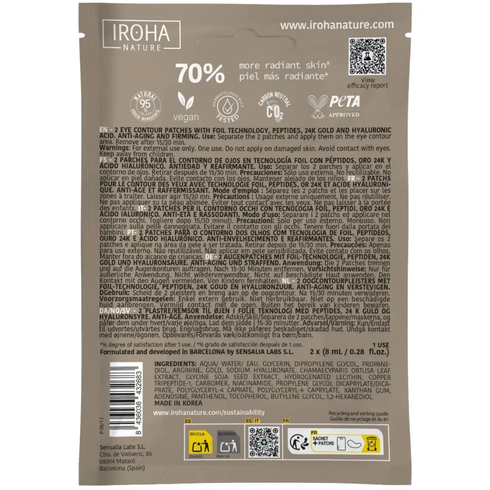 Patchs anti-âge pour les yeux à l’or et aux peptides Iroha Nature - les 2 patchs