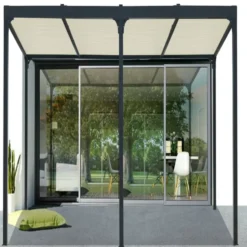 Pergola bioclimatique coloris gris en aluminium - 3,6 x 5,98 m