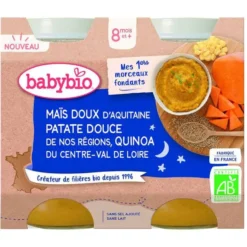 Petits pots pour bébé dès 8 mois maïs, patate douce et quinoa avec des morceaux Babybio Bonne nuit Mes 1ers morceaux fondants – 2 x 200 g