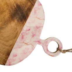 Planche arrondie en bois de manguier décor cerisier rose - 38 x 31 x 2,5 cm