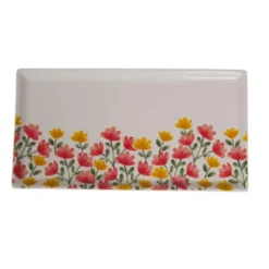 Plat à cake rectangulaire en céramique blanche à motif fleurs Louise - 31 x 16 x 1 cm