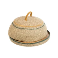 Plateau rond en bois avec cloche en osier naturel à lignes verte et jaune - Ø 30 x 13 cm