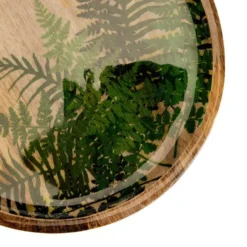 Plateau rond en bois de manguier avec décor fougères vert - Ø 30 cm