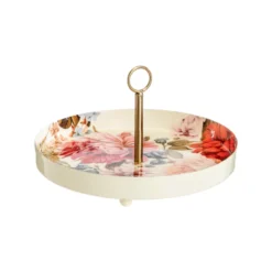 Plateau rond fleuri multicolore avec poignée en métal - Ø 26 x H 6 cm
