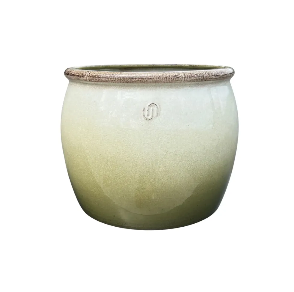 Pot cylindrique en métal recyclé coloris vert et beige Upcycle Bella - Ø 30 x H 23,5 cm
