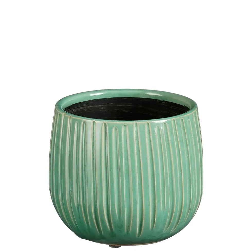 Pot rond cannelé coloris bleu en céramique Pablo Mica Decorations - 12 x Ø 14 cm