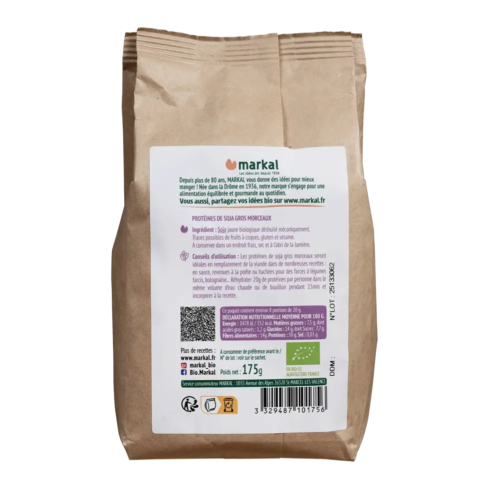 Protéines de soja bio en gros morceaux - 175 gr