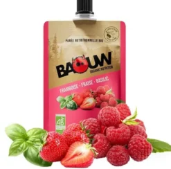 Purée framboise fraise basilic bio Baouw - Gourde de 90 grammes