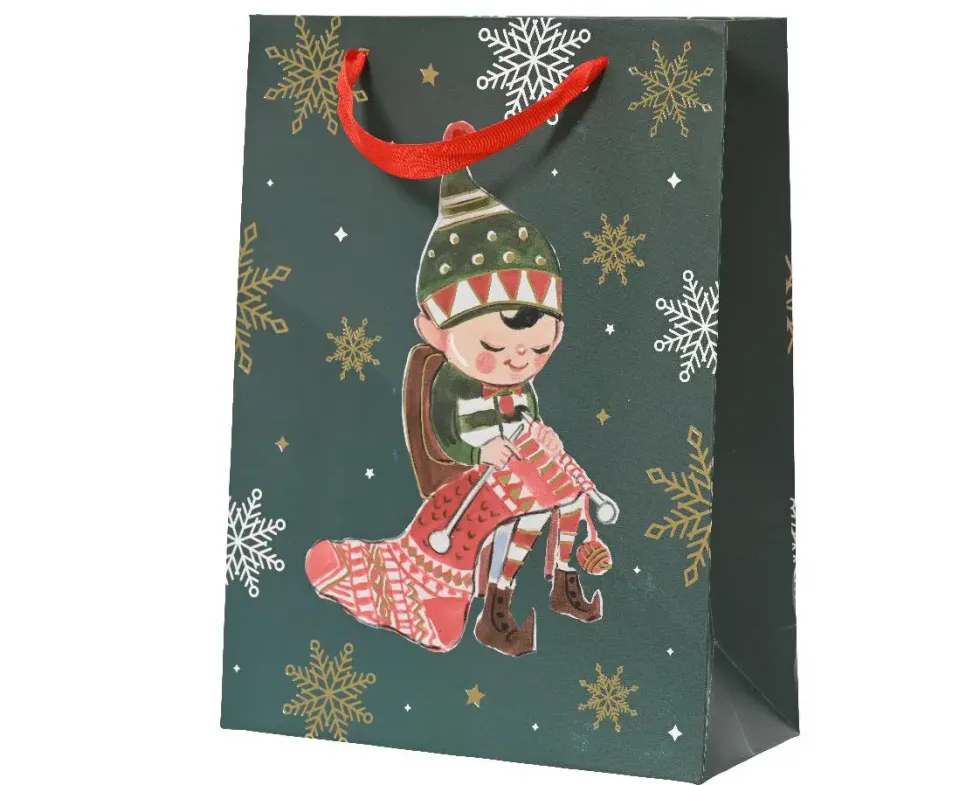 Sac cadeau en papier métallisé vert décor elfe petit modèle - 8 x 18 x 24 cm